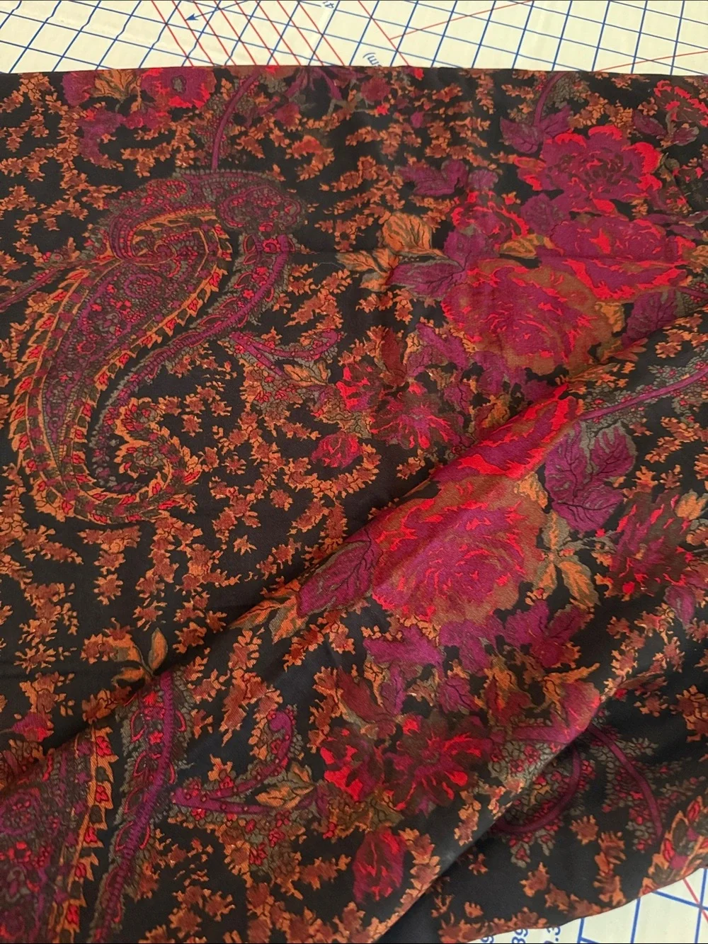 Vintage 1970s Paisley Floral Fabric Black Burgundy Rust Boho 3 Yards x 44”